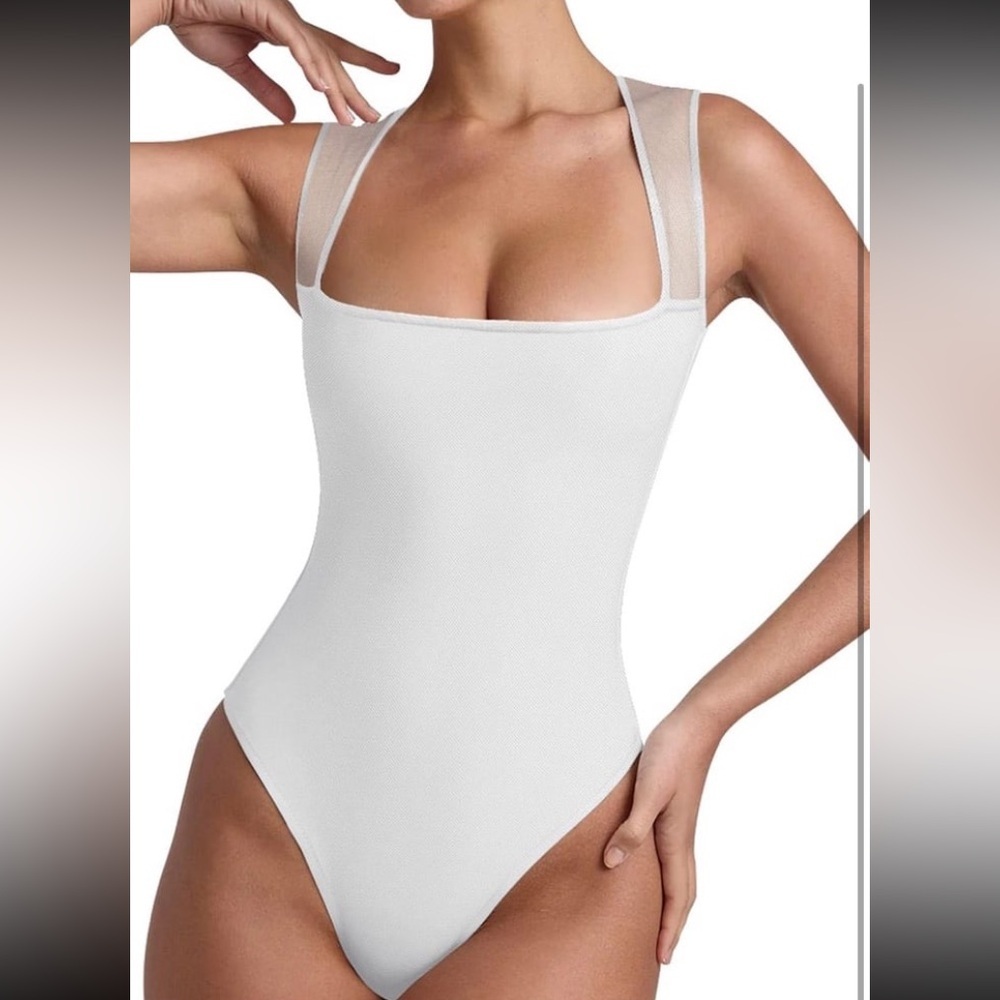 REORIA Women’s Sexy Square Neck Mesh Sheer Double Lined Thong Bodysuit NWT L - Picture 4 of 9